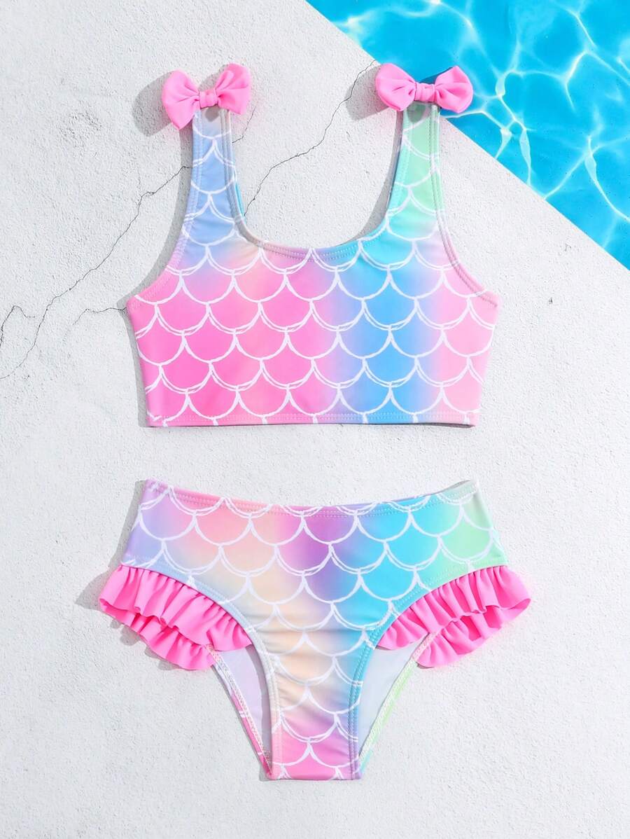 SHEIN Young Girls' Swimwear Set, Mermaid Fish Scale Design Bowknot Bikini Kids Swimming ,Kids Beachwear