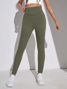 SHEIN Pantalones Deportivos De Punto Para Chicas Adolescentes Con Nudos De Torsión Huecos Y Banda Elástica En Cintura, De Color Sólido - Verde militar - Ver 6