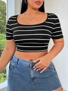 SHEIN EZwear 大码条纹修身短款 T 恤，夏季 - 黑與白 - 查看 5