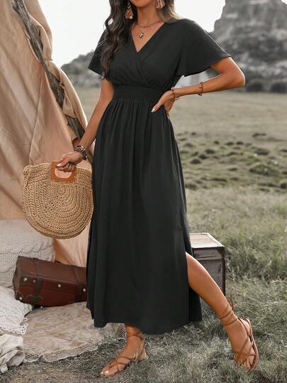 Wandoria Solid Color V-Neck Slit Dress Maxi Vacation Beach Outfits Women