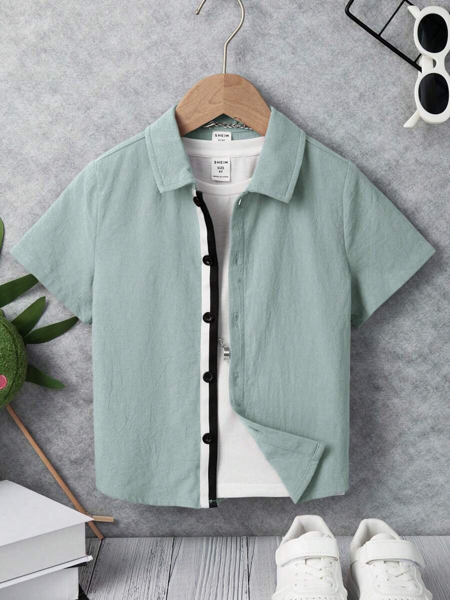 SHEIN Trẻ Con trai Giải trí Thoải mái Ngắn tay Áo sơ mi - màu xanh lá - Xem 1