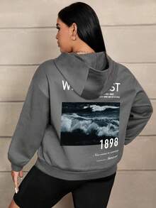 SHEIN EZwear Plus Size Casual Hooded Long Sleeve Sweatshirt With Wave Slogan Print - Grey - View 3
