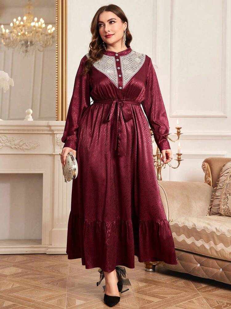 Burgundy Red Plus Size Women's Beaded & Studded High Collar Arabian Dress Long Evening Dresses