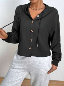SHEIN Essnce Button-Front Drawstring Hooded Oversized Sweatshirt - Black - View 4