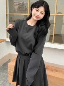 DAZY Ladies' Solid Color Round Neck Long Sleeve T-Shirt And Skirt Set - Brown - View 6