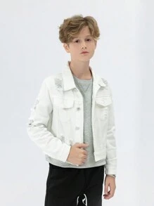 Tween Boys' New Casual Fashion White Denim Jacket With Distressed And Water Washed Design - White - View 3