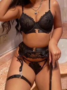 3 Unids/set Conjunto De Lencería Negra Sexy - Negro - Ver 3