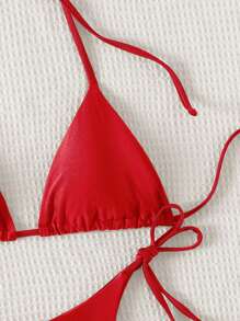 SHEIN Swim Summer Beach Women's Solid Color Halter Strap Separated Bikini Set - Red - View 4