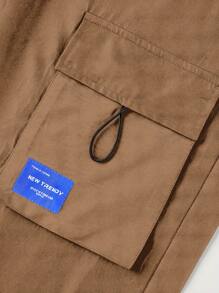 Men Letter Patched Detail Flap Pocket Drawstring Waist Cargo Pants - Khaki - View 6
