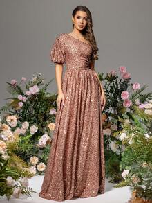 LOVE&LEMONADE One Shoulder Brown Sequin Party Dress - Brown - View 4