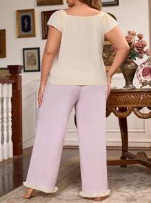 Conjunto De Pijama De Talla Grande Con Encaje Y Pantalones Con Borlas En El Dobladillo, Bloque De Color Y Tema Floral
