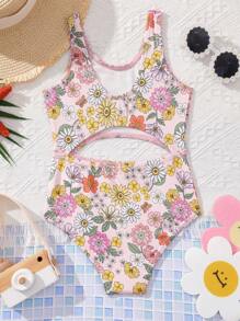 SHEIN SLAYR KIDS Young Girl's Knitted Flower Print One-Piece Swimsuit For Vacation