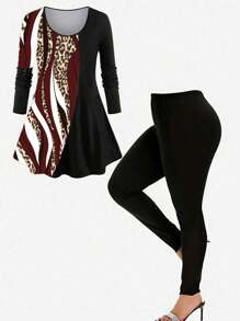 EMERY ROSE 大尺碼印花拼接上衣配純色打底褲套裝 - 酒紅色 - 查看 1