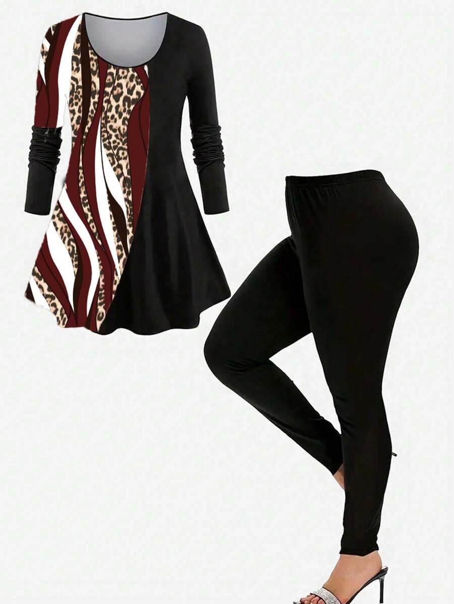 EMERY ROSE 大尺碼印花拼接上衣配純色打底褲套裝 - 酒紅色 - 查看 1