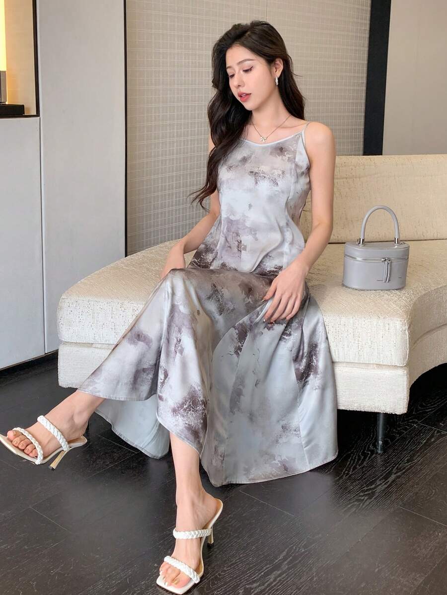 DAZY Tie-Dye Print Strappy Cami Dress Sundress,Casual Women Dresses - Light Grey - View 1