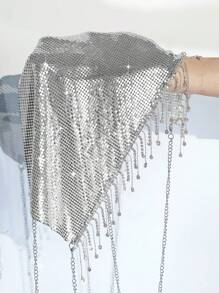 Allurite Top Con Cuello Halter De Flecos Y Cadena De Diamantes De Imitación Para Mujer Con Espalda Descubierta - Plateado - Ver 6