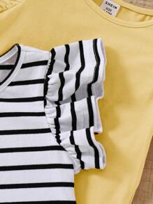 SHEIN Leap Crew Baby Girl Casual And Versatile Solid/Stripe Ruffle Top 3pcs Outfit Set - Yellow - View 7