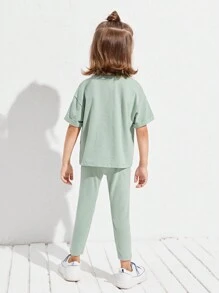 SHEIN 少女純棉捲起袖子t恤和緊身褲套裝