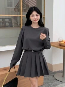 DAZY Ladies' Solid Color Round Neck Long Sleeve T-Shirt And Skirt Set - Brown - View 2