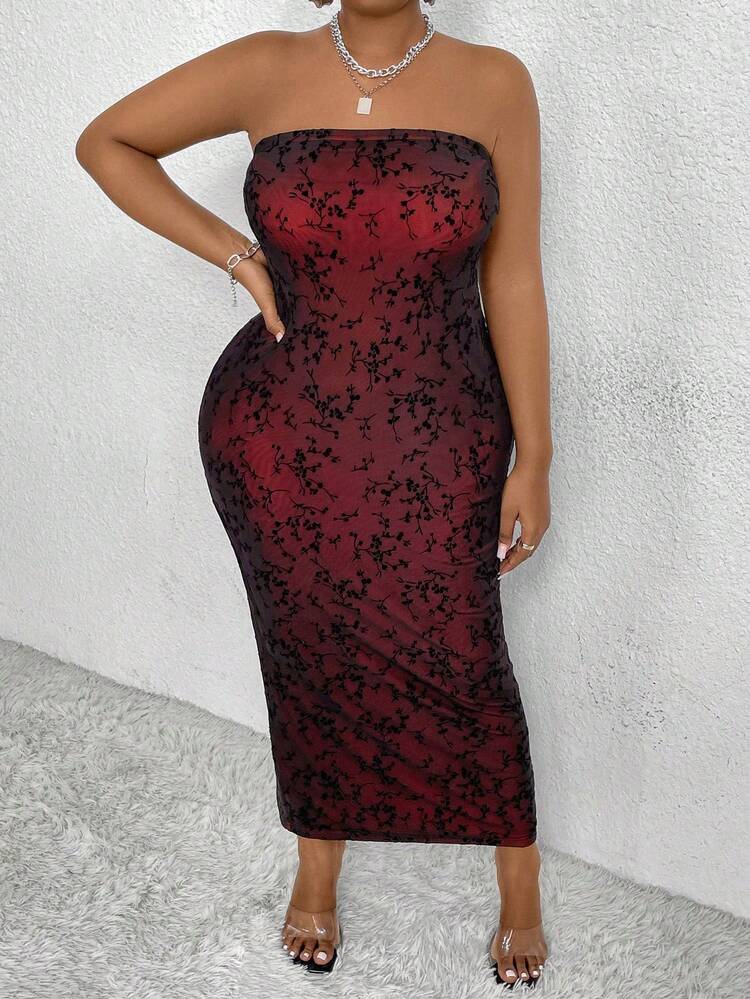 Plus Size Velvet Mesh Overlay Strapless Dress