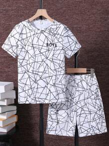 青少年男孩條紋&字母印花短袖t恤和短褲2件套裝 - 白色 - 查看 2