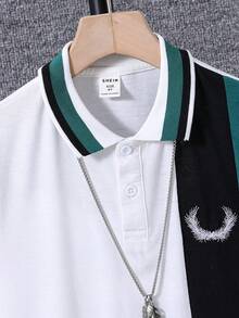 SHEIN 男童短袖復古校徽 Polo 襯衫，襯衫配有翻領，日常休閒服裝 - 墨綠色 - 查看 3
