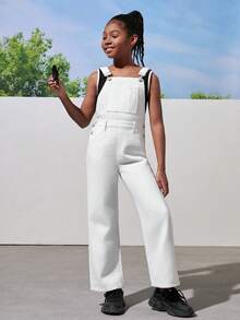 Tween Girl Basic Loose Fit College Style White Denim Overalls With Wide Legs And Elastic Back Waist - White - View 3