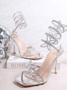 SHUZIA 女士紧身蝴蝶装饰环绕式高跟凉鞋 - 銀色 - 查看 5