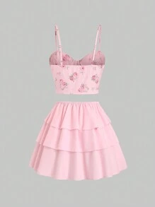 SHEIN Unity Bộ áo hai dây xếp li in hoa và váy viền xếp nếp cho nữ - Hồng - Xem 2