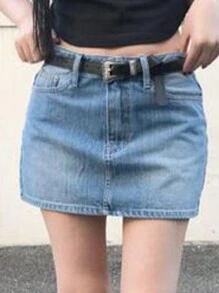 DAZY Chân váy jeans lưng cao giặt không thắt lưng cho nữ - Màu xanh lam - Xem 2