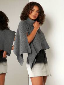 Hauture Suéter Con Cuello De Tortuga Y Capa Asimétrica - Gris Oscuro - Ver 4