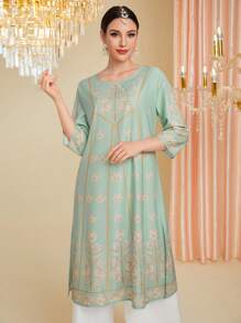 Divindia Women's Floral Print Side Slit Longline Top Style Indian - Multicolor - View 7