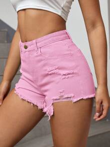 SHEIN EZwear Distressed Frayed Denim Shorts