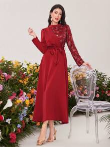 Modelyn 勃艮第红色女式珠饰刺绣立领阿拉伯风格连衣裙长款晚礼服 - 酒紅色 - 查看 7