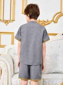Tween男孩鬆身休閒立領襯衫短褲套裝,附帶拼接和編織細節 - 灰色 - 查看 4