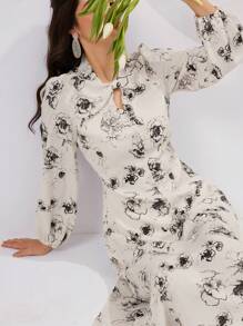 Seusyu 女款花卉印花燈籠袖連身裙 - 杏色 - 查看 1