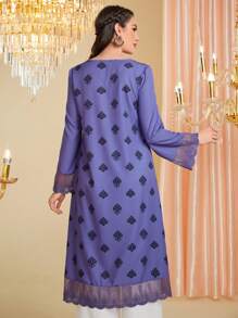 Divindia Patched Lace Cuff Botanic Printed Long Sleeve Kurtas Top - Purple - View 2