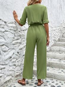 SHEIN LUNE 拼接打結腰帶捲袖連身褲配布帶 - 綠色 - 查看 2