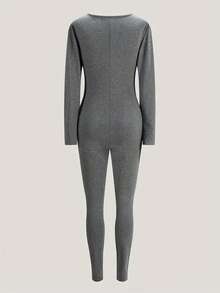 INAWLY Plus Size Women's Zip Front Long Sleeve Bodycon Jumpsuit - Grey - View 2