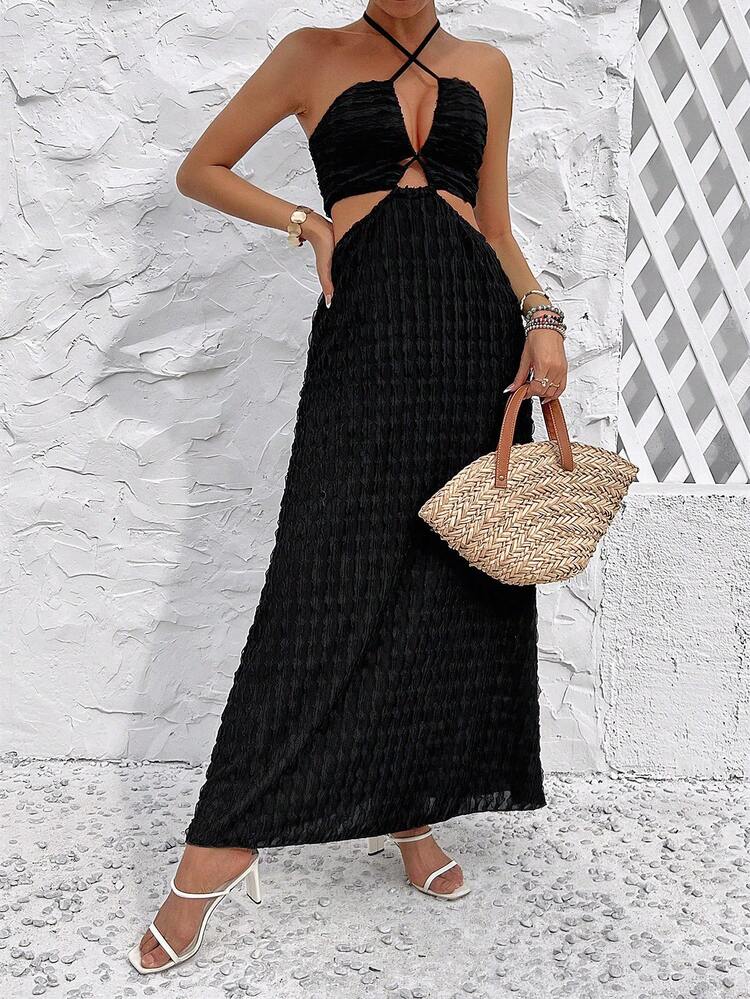 Solid Color Textured Hollow Out Halter Neck Dress
