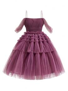 SHEIN Belle Women's Open Shoulder Layered Mesh Tulle Dress For Cocktail Party - Purple - View 2