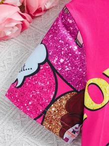 SHEIN Young Girl Sweet And Cool Cartoon Girl Pattern Dress - Hot Pink - View 4