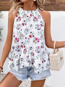 SHEIN VCAY Women's Floral Printed Ruffle Hem Halter Neck Blouse - White - View 4