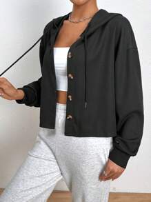 SHEIN Essnce Button-Front Drawstring Hooded Oversized Sweatshirt - Black - View 5