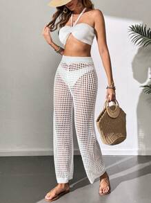 Breezaya Women's Crop Top Backless Halter Knitted Sweater And See-Through Knitted Pants Set