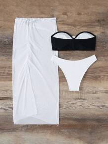 SHEIN Swim Women's Strapless Bikini Set With 3d Flower Decoration, 3pcs/Set Wedding Summer Beach - Black and White - View 7