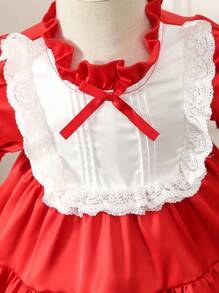 Rot-spitzen-dekoriertes Kleid Für Mädchen Mit Schleife Vorne Für Frühling/sommer