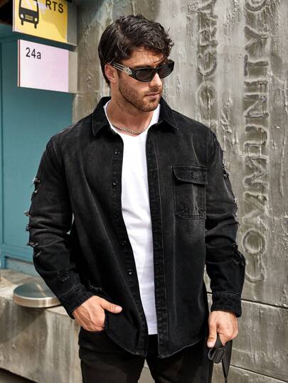 Manfinity Homme 男士大尺寸磨損鈕扣下領口多口袋牛仔襯衫