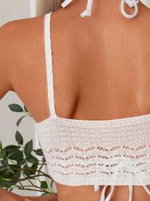 SHEIN Swim Ladies' Solid Color Hollow Out Cover Up Summer - White - View 4