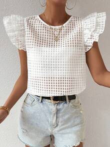 SHEIN Essnce 女用格紋圓領荷葉邊裝飾襯衫 - 白色 - 查看 6